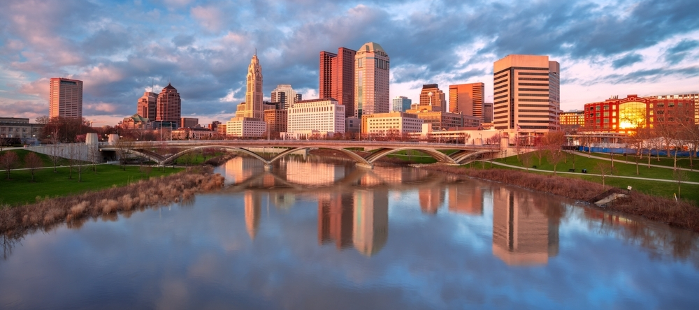 Downtown Columbus, Ohio skyline at dramatic sunset