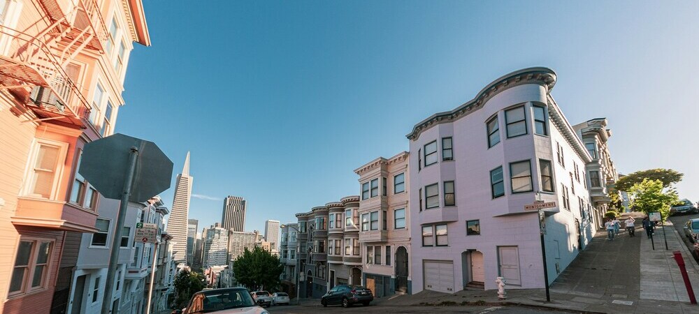 Different types of accommodation are visible from a street in San Francisco